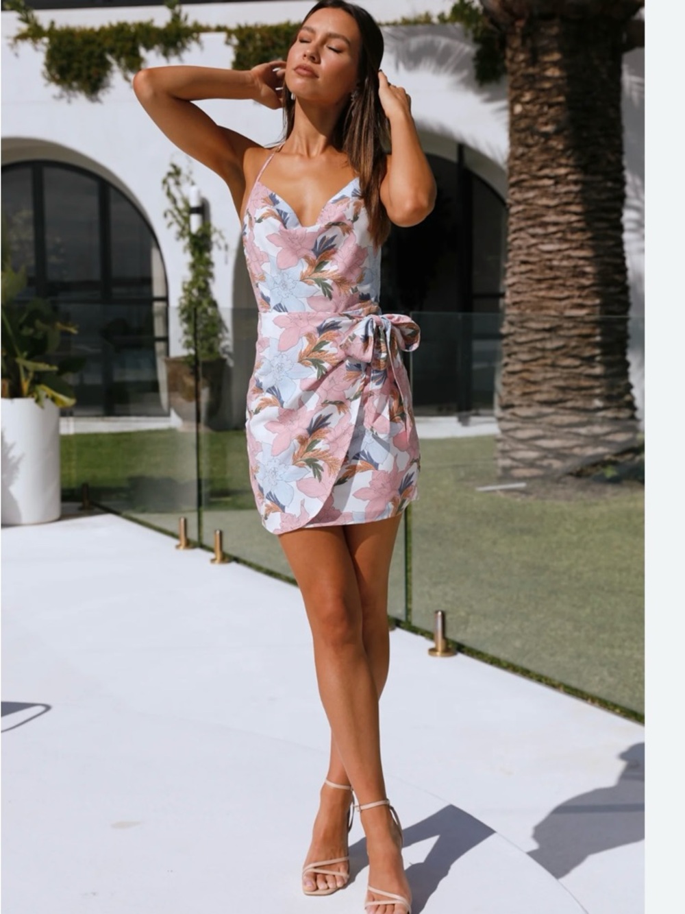 Blue Blush Pink Multi Floral Tie-Waist Spaghetti Strap Mini Dress